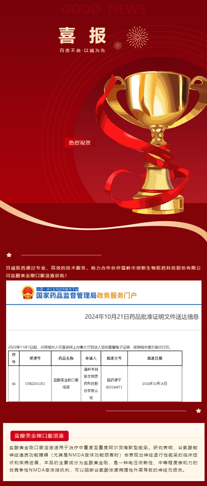 喜報(bào)！百誠醫(yī)藥助力合作伙伴鹽酸美金剛口服溶液獲批！.png